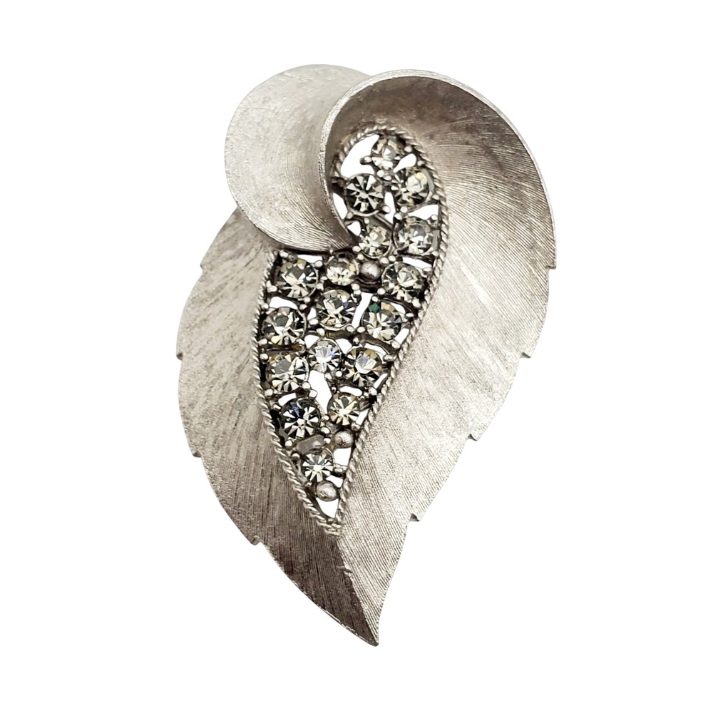 Vintage JJ Jonette Jewelry Leaf Brooch Brushed Silver Tone & Rhinestone MCM Pin